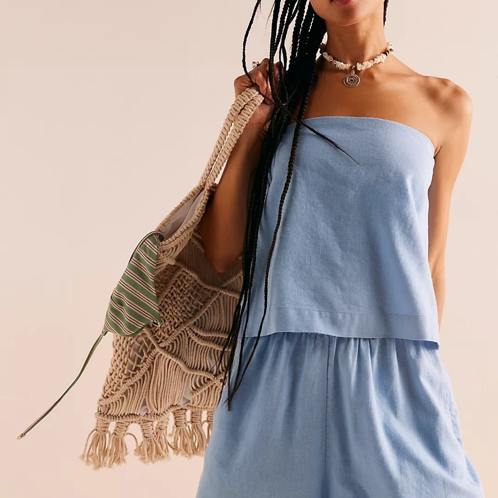 Free People Sky Blue Strapless Top and Shorts Linen Set